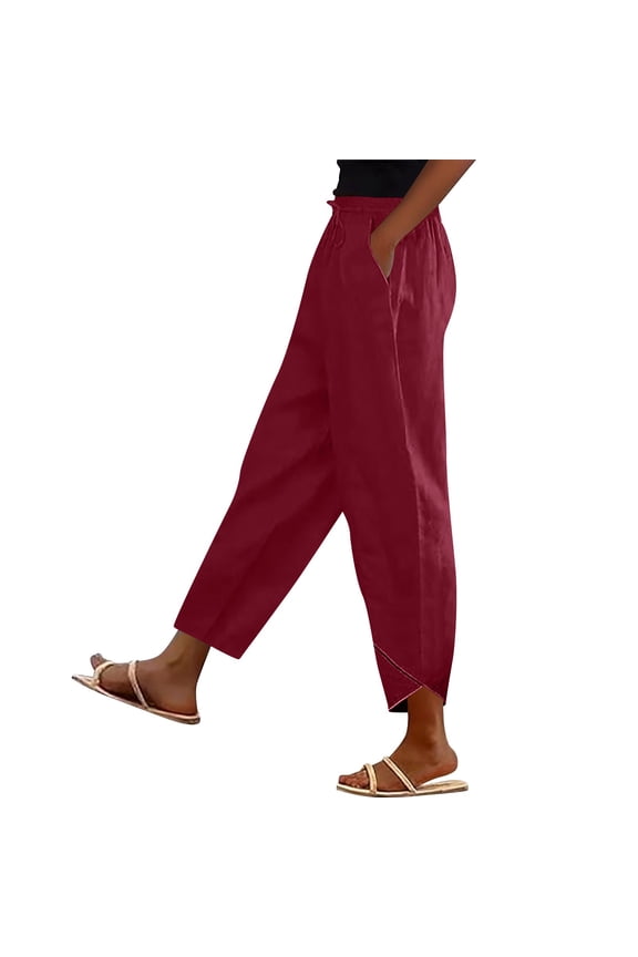 Women's Cotton Linen Pants Tulip Hem High Waisted Summer Casual Cropped Trousers Elastic Drawstring Vacation Pants with Pockets Red