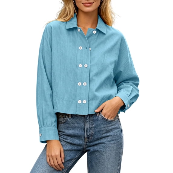 TEAJOPSUU Women's Crop Shirts Long Sleeve Button Down Collared Tops Relaxed Fit Casual Dressy Blouses Light Blue