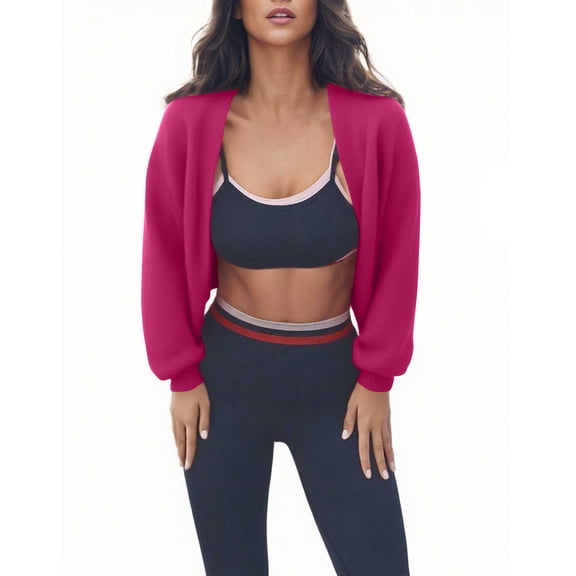 TEAJOPSUU Women's Cropped Bolero Shrug Long Sleeve V-Neck Cardigan Sweatshirts Lightwight Workout Shrugs Open Front Y2K Tops Sweaters B-Hot Pink