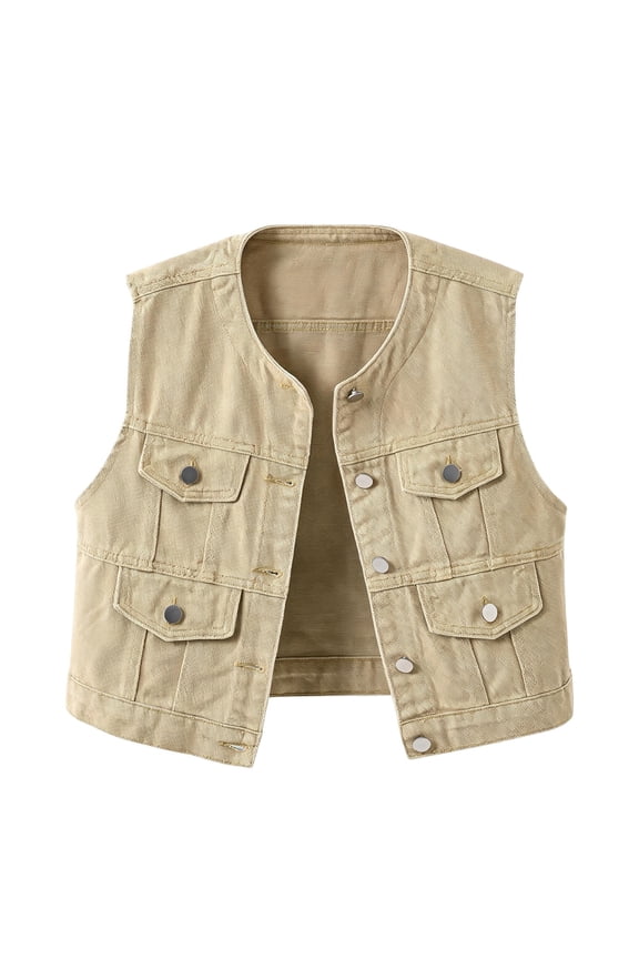 Women's Cropped Denim Vest Tops Casual Crew Neck Button Down Sleeveless Jean Jacket Waistcoat Khaki