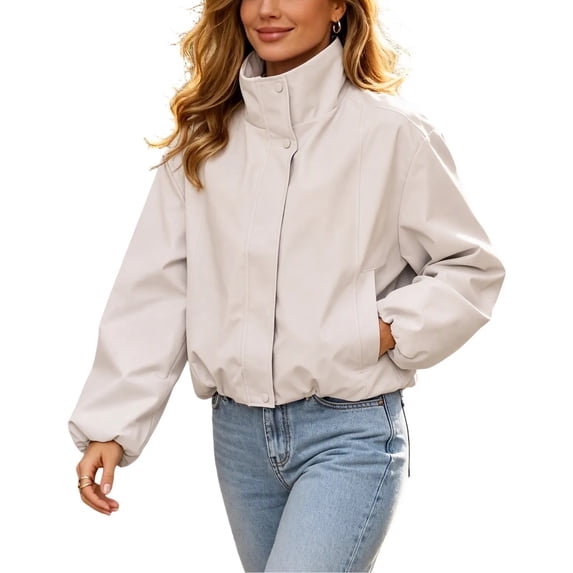 TEAJOPSUU Women's Cropped Zip Up Jacket Stand Collar Long Sleeve Outerwear Jackets with Pockets for Casual Streetwear Beige