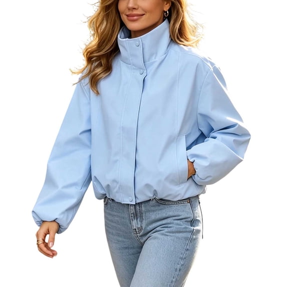 TEAJOPSUU Women's Cropped Zip Up Jacket Stand Collar Long Sleeve Outerwear Jackets with Pockets for Casual Streetwear Blue