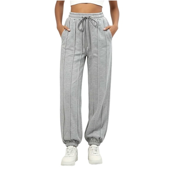 TEAJOPSUU Women's Cuffed Ankle Wide Leg Sweatpants with Pockets High Waisted Comfy Elastic Drawstring Jogger Pants Casual Workout Trousers Gray