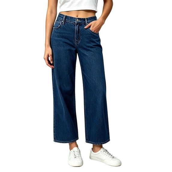 TEAJOPSUU Women's Denim Jeans High Waisted Straight Ankle Wide Leg Ankle Length Jeans Casual Loose Fit Solid Trousers for All Seasons Dark Blue