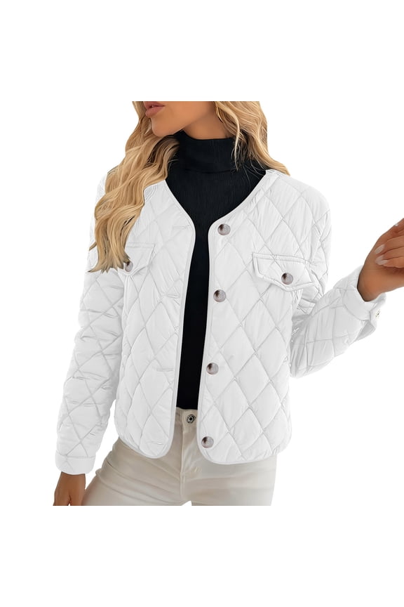 Women's Diamond Quilted Jacket Lightweight Round Neck Button Down Bomber Jacket Long Sleeve Warm Casual Jacket Coat with Pocket B-White