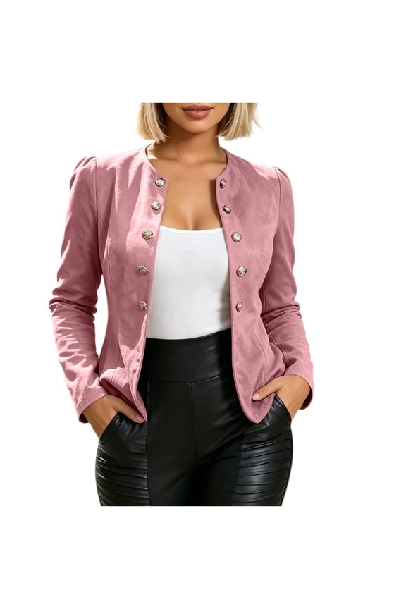 Women's Double Breasted Zip Up Faux Suede Jackets Long-Sleeved Crew Neck Cardigan Slim Fit Set-In Unlined Suit Jacket Pink