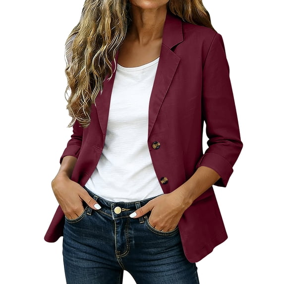 TEAJOPSUU Women's Double Button Blazers with Pockets Cotton Blend Long Sleeve Notched Lapel Collar Suit Jackets Lightweight Casual Work Blazer Jackets Burgundy
