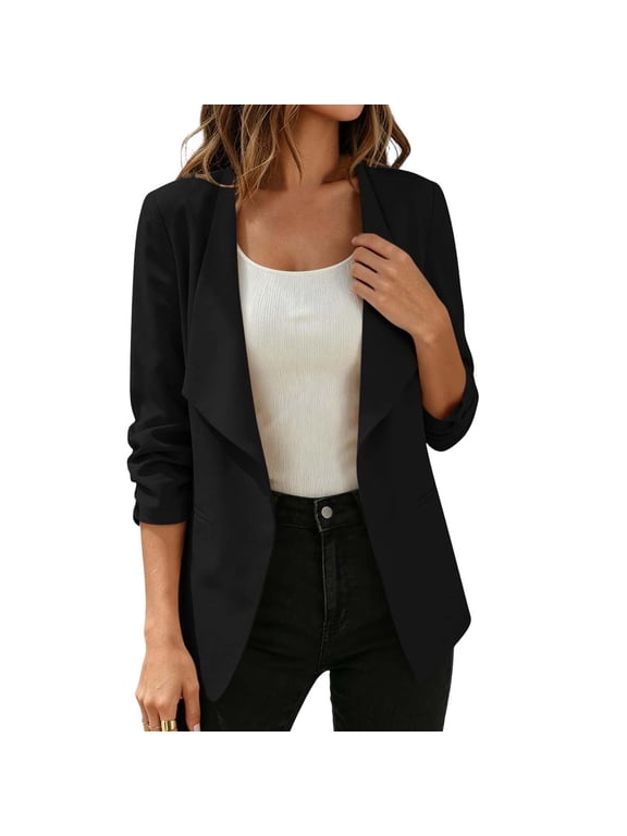 Women's Drape Collar Blazers Cotton Blend Long Sleeve Open Front Suit Jackets Casual Dressy Solid Color Cardigan Sweater Black