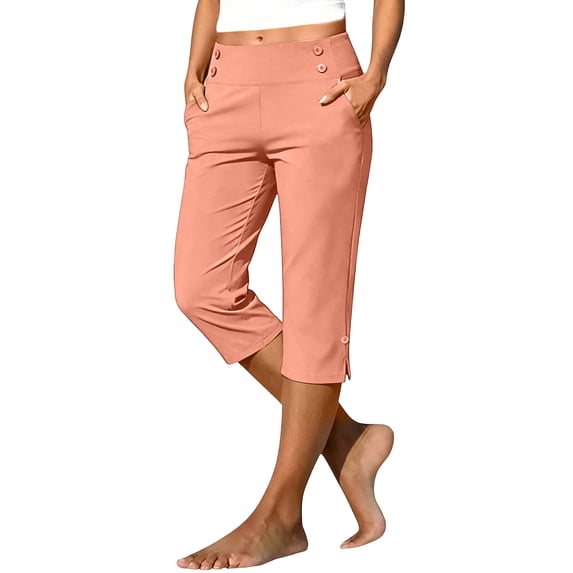 TEAJOPSUU Women's Dress Capris Pants with Pockets Elastic Band Sport Below Knee Pants Casual Golf Calf-Length Trousers A-Orange