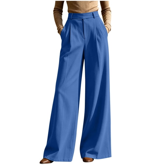 TEAJOPSUU Women's Dressy Long Wide Leg Pants Office Casual Elastic High Waisted Palazzo Pants with Pockets Business Slacks Trousers Blue