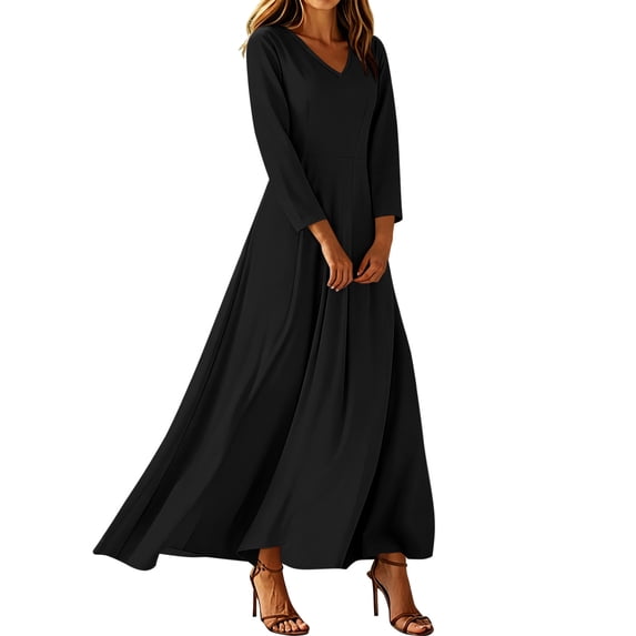 TEAJOPSUU Women's Elegant Fall Winter Maxi Dresses Long Sleeve V Neck Flowy Dresses for Wedding Guests Cocktail Party Formal Occasions Black