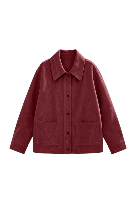 Women's Fall Boyfriend Faux Suede Leather Jacket Casual Midi Long Button Down Collared Shacket Coat with Flap Pockets Burgundy