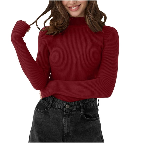TEAJOPSUU Women's Fall Winter Turtleneck Sweaters form Fitted Long Sleeve Pullover Sweater Ribbed Knit Basic Tops Burgundy