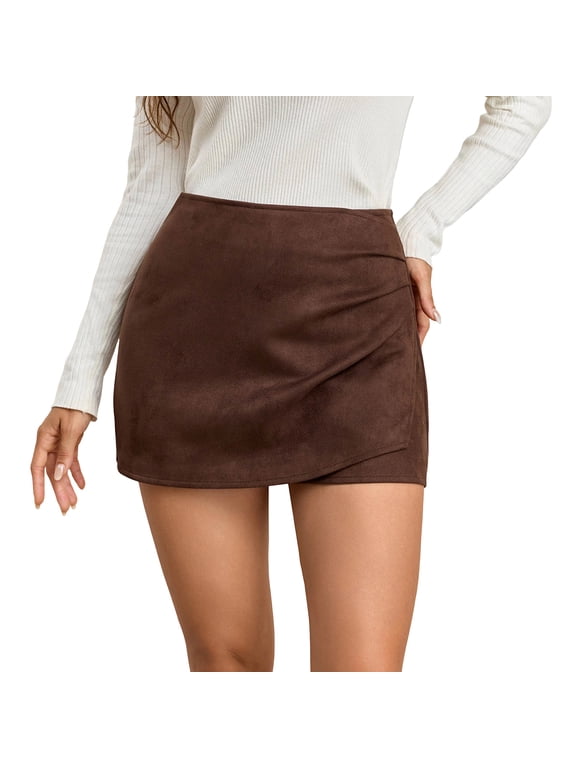 Women's Faux Suede Mini Skirts Stretchy Slim Fitted Wrap Back Zipper Down Skirt Casual Elegant A-Line Skirt for Office Work Everyday Brown