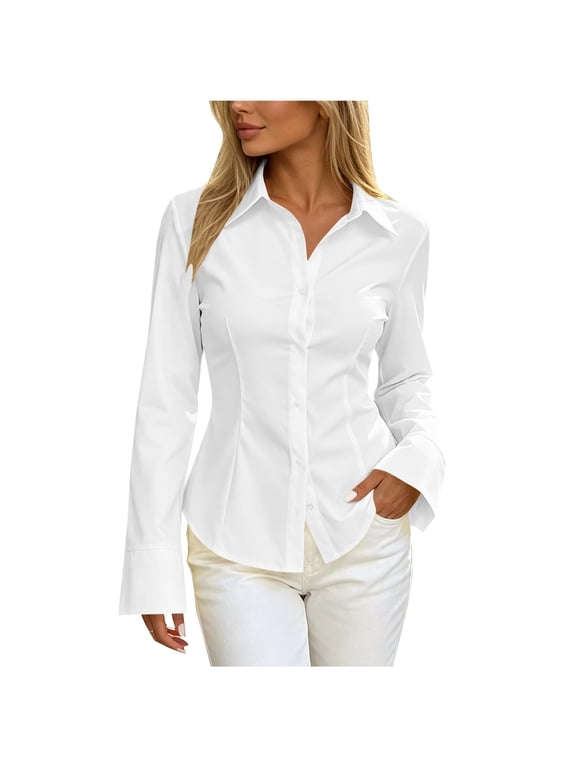 Women's Fitted Button Down Shirts Collared Long Sleeve Slim Fit Solid Color Casual Blouses Tops Office Everyday Business White