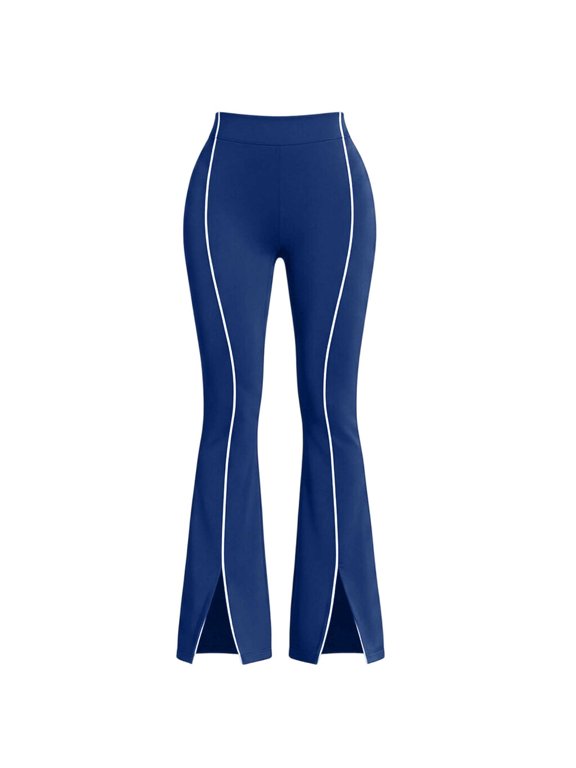 Women's Flare Pants Split Flare Hem High Waist Pants Casual Tummy Control Athleisure Bell Bottom Trousers Yoga Gym Workout Blue