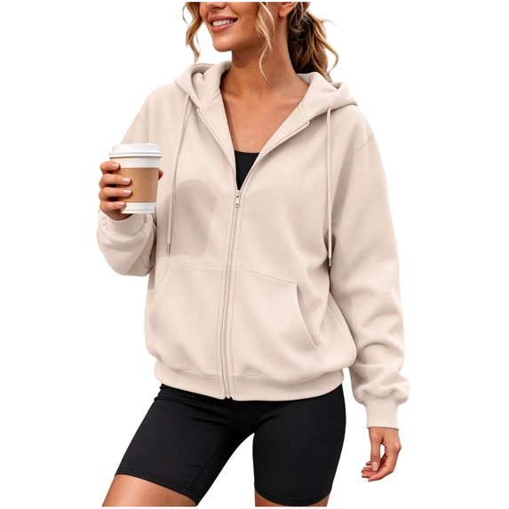 TEAJOPSUU Women's Full Zip Hoodies Loose Fit Drawstring Hooded Sweatshirts with Kangaroo Pocket Drop Shoulder Casual Hoodies for Everyday Gym Khaki