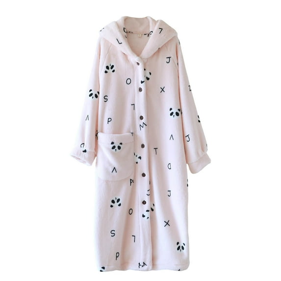 TEAJOPSUU Women's Fuzzy Hooded Robes Warm Soft Printed Long-sleeved Nightgown Button Down Plush Night Dress with Pocket Bathrobe Pink A