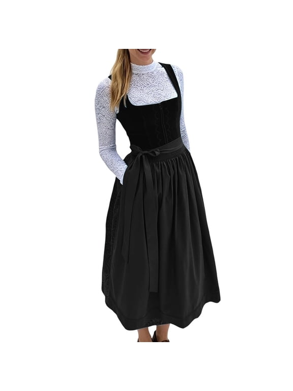 Women's German Dirndl Dresses Sleeve Square Neck Tie Waist Front Zipper Midi Dresses with Pockets for Oktoberfest Carnival Vacation Black
