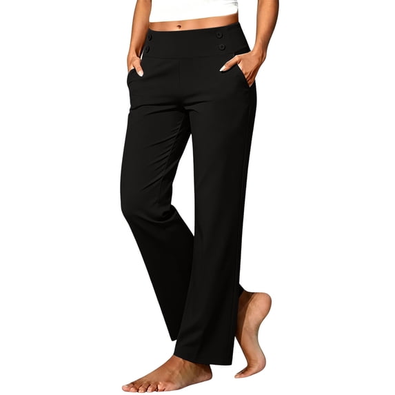 TEAJOPSUU Women's Golf Straight Leg Pants High Waist Wide Elastic Waistband Double Button Ankle Pants with Pockets Casual Outdoor Trousers Black