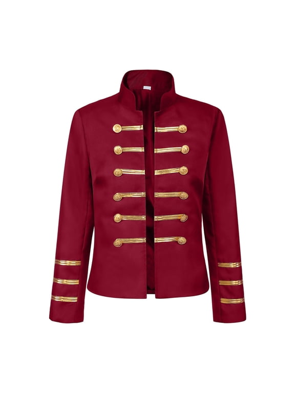 Women's Gothic Steampunk Jacket Long Sleeve Stand Collar Double-Breasted Performance Jacket for Marching Drummer Parade Red