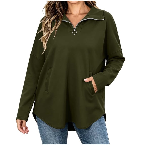 TEAJOPSUU Women's Half Zip Hoodies Trendy Collared Long Sleeve Sweatshirts with Pockets Casual Loose Fit Daily Sweatshirts Olive Green