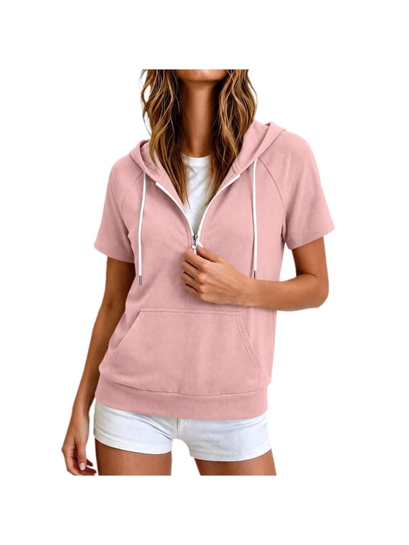 Women's Half Zip Pullover Hoodies Short Sleeve Hooded Sweatshirts with Kangaroo Pocket for Athletic Workout Gym Pink