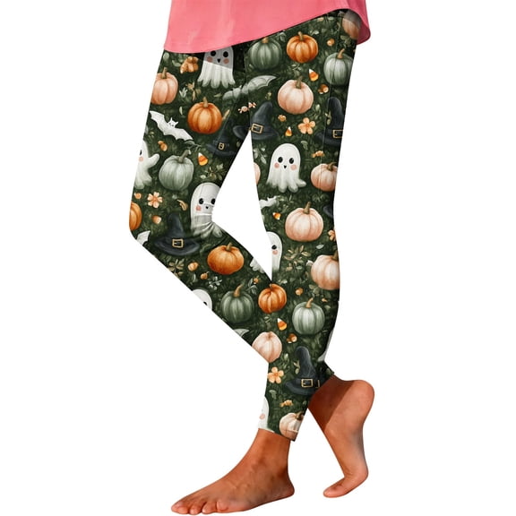 TEAJOPSUU Women's Halloween Leggings Ghost Print High Waist Stretchy Yoga Tights for Workout Party Everyday B-Green