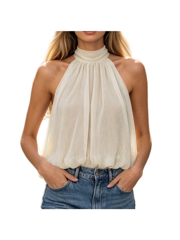 Women's Halter Tops Tie Back Sleeveless Casual Blouses Flowy Trendy Summer Blouse for Going Out Vacation Beige