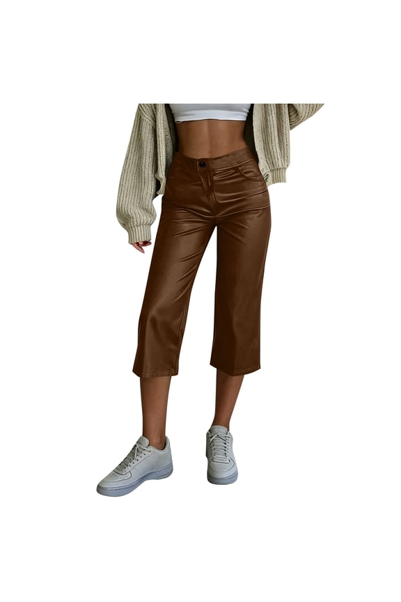Women's High Waisted Faux Leather Capri Pants Cropped Straight Leg Pants with Pockets Casual Daily Solid Textured Trousers Brown
