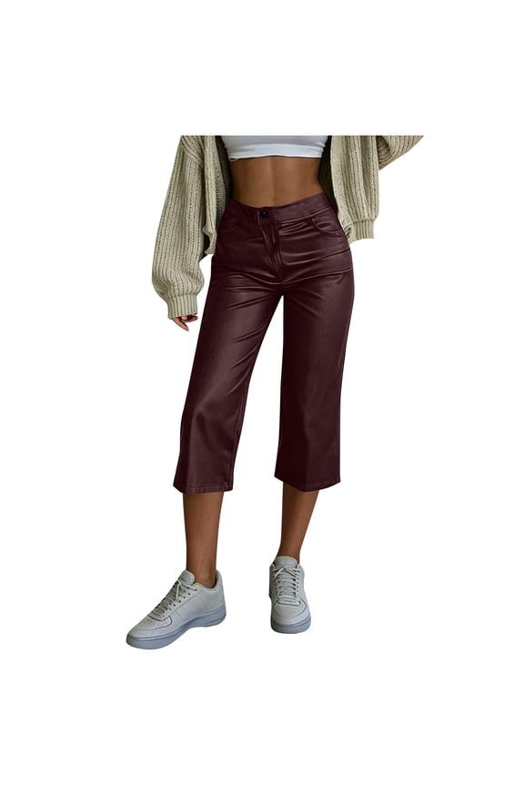 Women's High Waisted Faux Leather Capri Pants Cropped Straight Leg Pants with Pockets Casual Daily Solid Textured Trousers Burgundy
