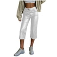 thumbnail image 1 of TEAJOPSUU Women's High Waisted Faux Leather Capri Pants Cropped Straight Leg Pants with Pockets Casual Daily Solid Textured Trousers White, 1 of 9