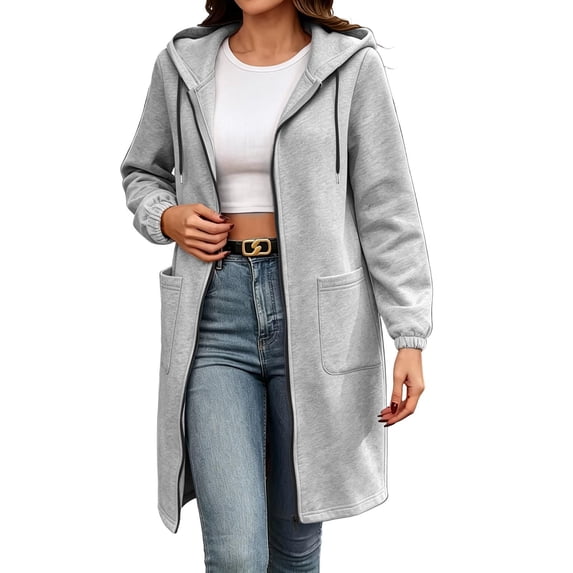 TEAJOPSUU Women's Hooded Coats Full Zip Up Longline Cardigan Jackets Solid Color Loose Fit Casual Long Sweaters for Everyday Work Weekend Gray