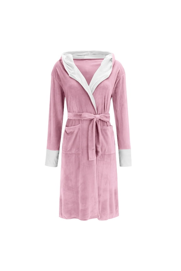 Women's Hooded Plush Robes Christmas Solid Color Fleece Long Sleeve Sleepwear Long Length with Tie Belt and Pockets Pink