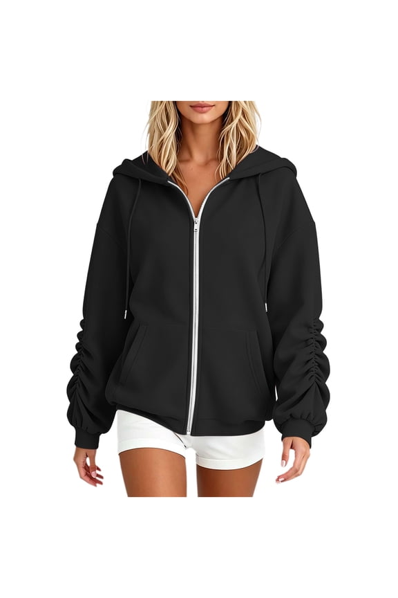 Women's Hoodie Jackets Hooded Zip Up Long Sleeve Ruched Cuff Sweatshirts with Kangaroo Pocket Solid Loose Fit Casual Blouses for Fall Winter B-Black