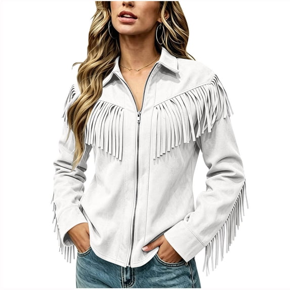 Point Cut Fringe TEAJOPSUU Women's Jackets Faux Suede Fringe Trim Zip up Turn Down ...