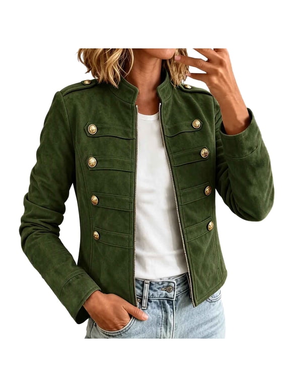 Women's Jackets Faux Suede Vintage Military Button Front Stand Collar Long Sleeve with Pockets Evening Cocktail Green