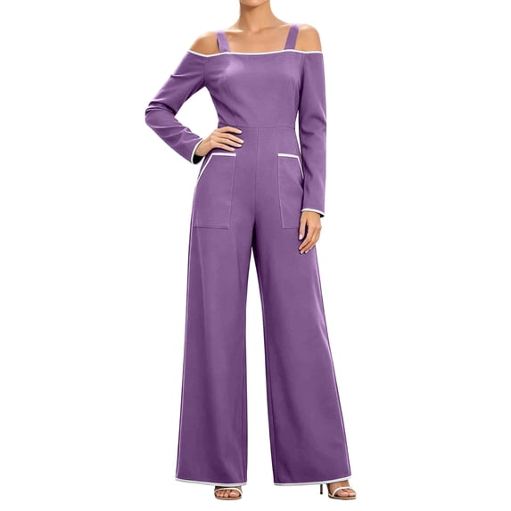 TEAJOPSUU Women's Jumpsuits Casual Off Shoulder Long Sleeve Straps Loose Wide Leg Floor Length Jumpsuits Trendy Vacation Onesie Purple
