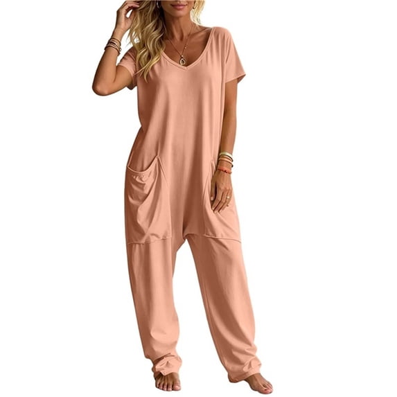 TEAJOPSUU Women's Jumpsuits Oversized V Neck Short Sleeve Wide Leg Long Rompers with Pockets Casual Loose Baggy Comfy Daily Jumpsuits Orange