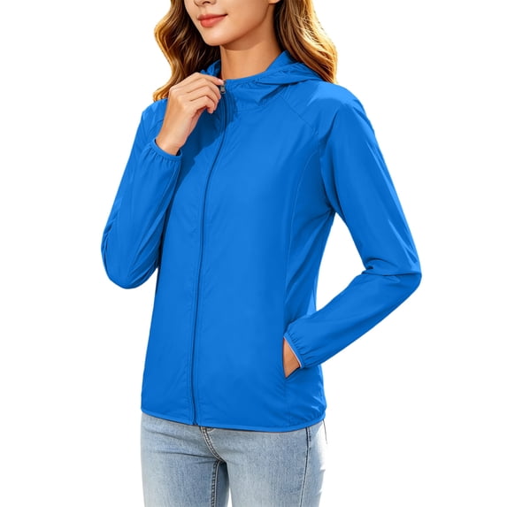 TEAJOPSUU Women's Lightweight Hooded Sun Protection Jackets with Pockets Full Zip Up UV-Protective Long Sleeve Relaxed Fit Jackets Blue