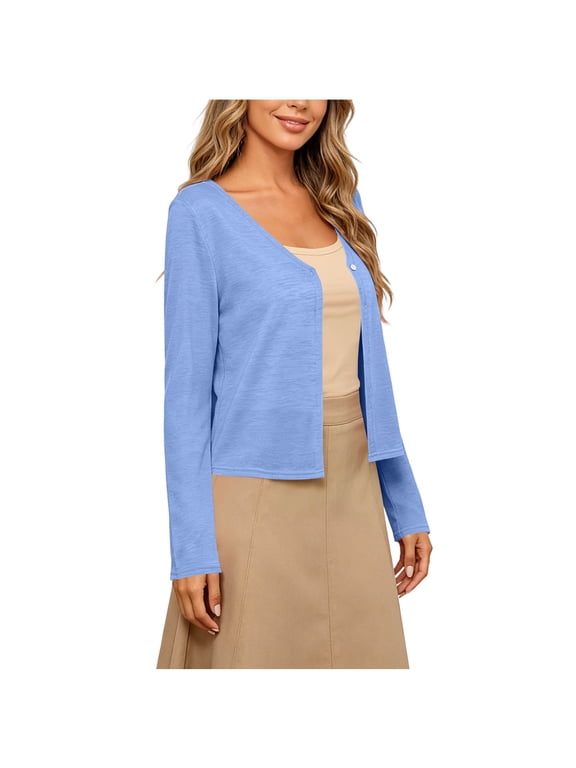 Women's Lightweight Open Front Cardigans Long Sleeve Single Button Solid Sweaters Casual Tops for Beach Vacation Everyday Light Blue