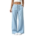thumbnail image 1 of TEAJOPSUU Women's Linen Wide Leg Pants Loose Breathable Drawstring Elastic Low Waisted Long Palazzo Pants Trousers with Pockets Light Blue, 1 of 7