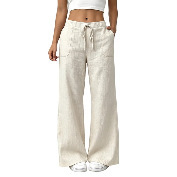 TEAJOPSUU Women's Linen Wide Leg Pants Loose Breathable Drawstring Elastic Low Waisted Long Palazzo Pants Trousers with Pockets White