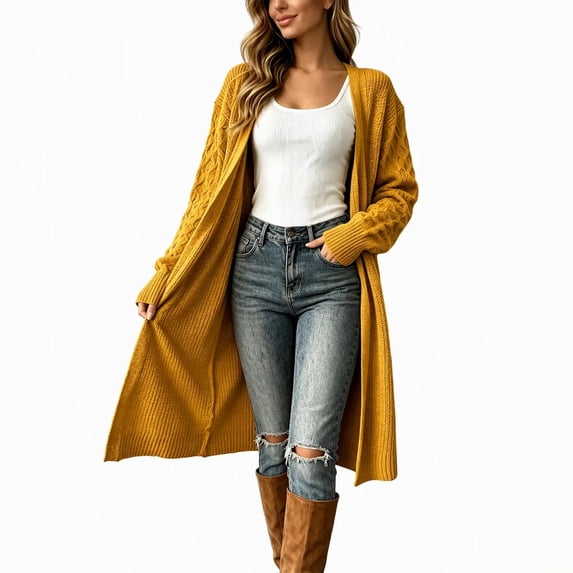 Yellow Shop Front TEAJOPSUU Women's Longline Cardigans Open Front Knit Ribbed Trim Loose ...