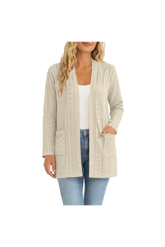 Women's Longline Open Front Cardigans Pointelle Knit Long Sleeve Sweater with Pockets Relaxed Fit Casual Sweater Coat Beige