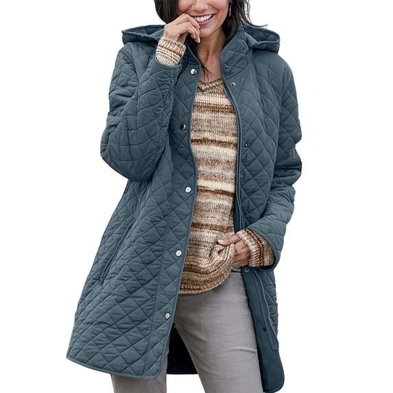 TEAJOPSUU Women's Longline Quilted Coats Hooded Stand Collar Button Zip ...