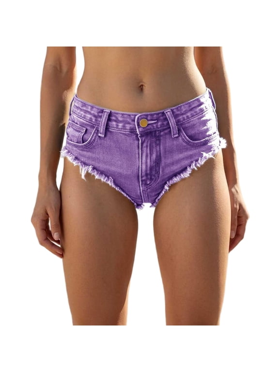 Women's Low Rise Denim Shorts Spicy Cut Off Mini Hot Denim Pants Lace Up Cheeky Booty Shorts for Nightclubs Bars and Beaches Purple