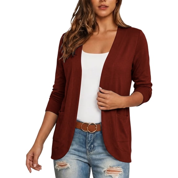 TEAJOPSUU Women's Open Front Cardigans with Pockets Long Sleeve Solid Lightweight Casual Sweaters Tops for Office Everyday Work Red