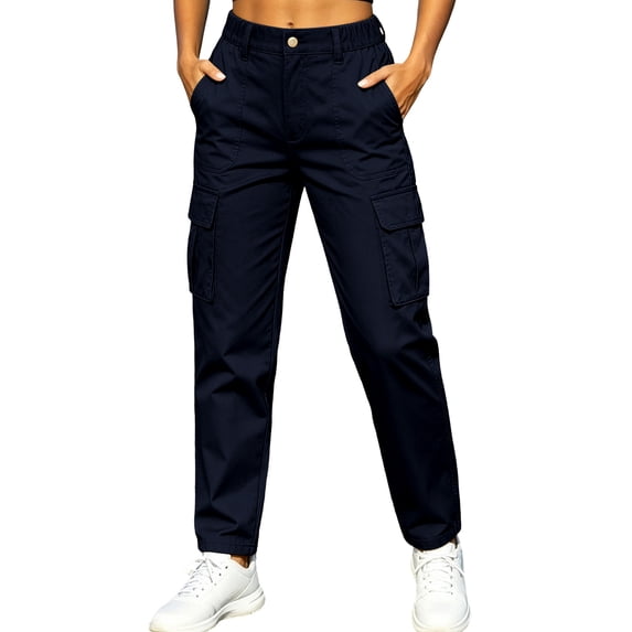 TEAJOPSUU Women's Outdoor Cargo Trousers Multi Pocket Button Front Relaxed Fit Casual Utility Pants for Everyday Outdoor Hiking Travel Navy