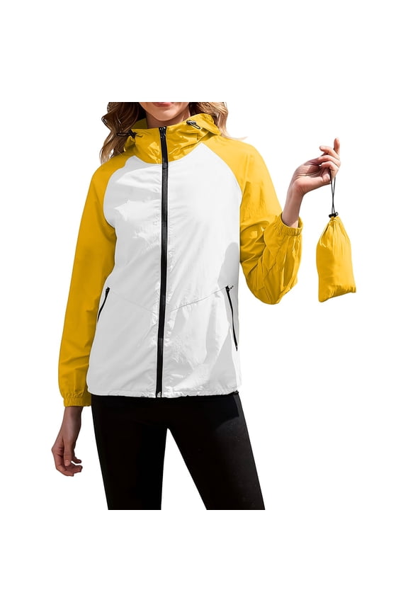 Women's Packable Windbreaker Jackets Raglan Sleeve Zip Up Hooded Outdoor Coats for Travel Hiking Running Yellow